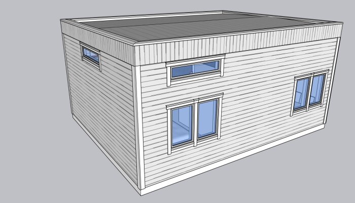 3D-modell av ett Attefallshus på 50m2 med platt tak och stora fönster.