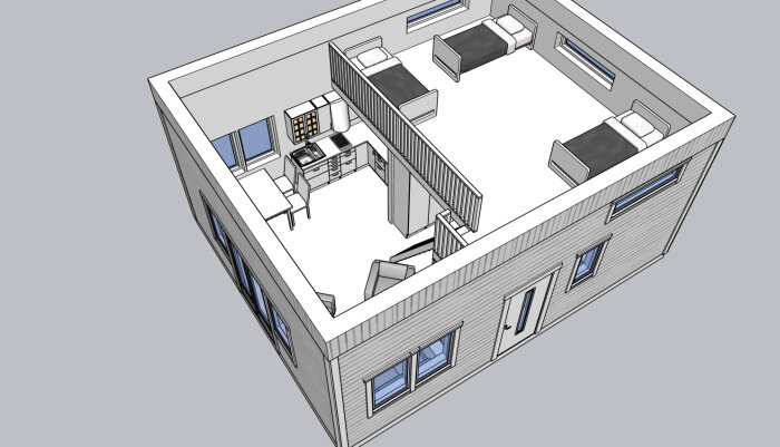 3D-modell av Attefallshus, visande interiör med kök, två sängar, möbler och fönster, maximerar 50m2 volym.