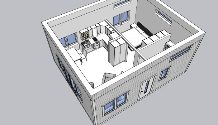 3D-modell av ett Attefallshus, 50 m2, med kök, sovrum och vardagsrum, sett från fågelperspektiv.