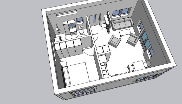Översiktsbild av planlösning för ett Attefallshus på 50 m2, med sovrum, vardagsrum och badrum.