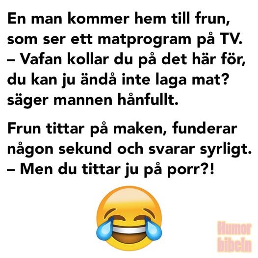 Rolig text om par och TV-vanor, med en stor skrattande emoji längst ner.