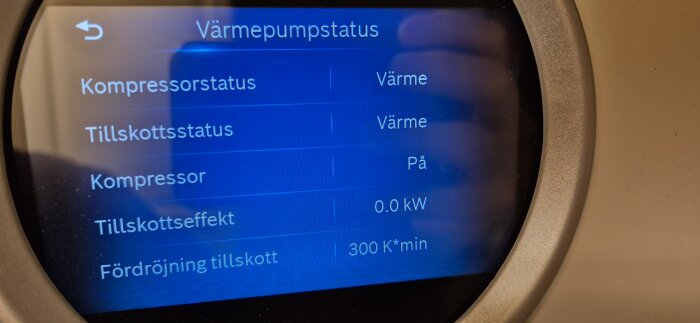 Närbild av värmepumpens display som visar kompressorstatus "Värme", tillskottsstatus "Värme" och kompressor "På" med 0.0 kW.