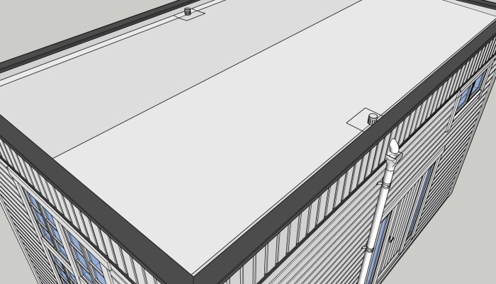 Platt tak med avlopp och takrännor på byggnad med fönsterfasad i 3D-modell.