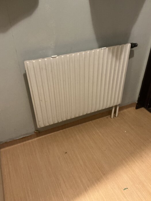 Vitt vattenburet element monterat på en vägg med trägolv, visas under diskussion om byte till större element och tillbehör.