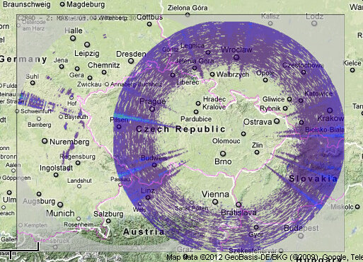 Karta över Centraleuropa med blåfärgad cirkulär effekt som täcker delar av Tyskland, Tjeckien, Polen, Österrike och Slovakien, indikerar WiFi-signal.