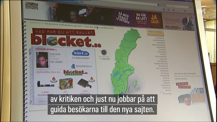En datorskärm visar en webbsida med titeln "Vad har du att sälja? blocket.se" och en karta över Sverige.