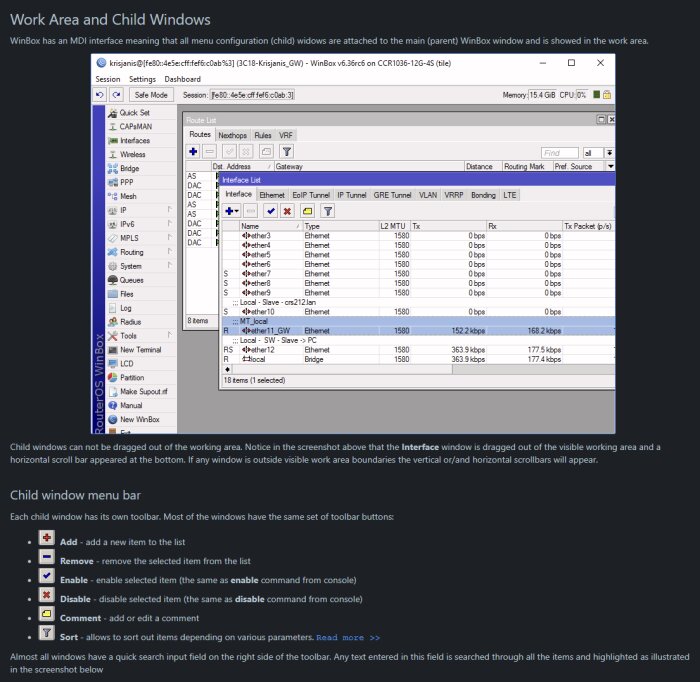 WinBox-gränssnitt med lista över nätverksgränssnitt och detaljer som Ethernet, MTU, och hastighet. Uppgifter om interface grupperade i ett fönster.