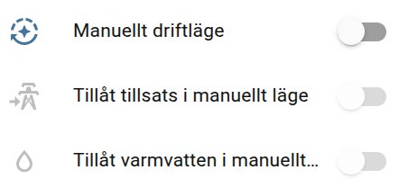 Manuellt driftläge", "Tillåt tillsats i manuellt läge" och "Tillåt varmvatten i manuellt" med reglage avstängda i en HA-integrationsinställning.
