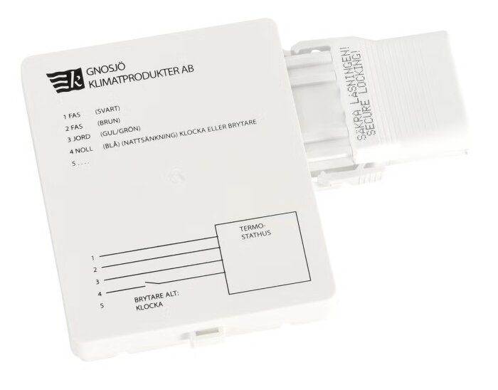 Specialanslutningsbox från Gnosjö Klimatprodukter AB för radiatorer, med anslutningar för fas, jord, och noll, samt märkning och instruktioner.