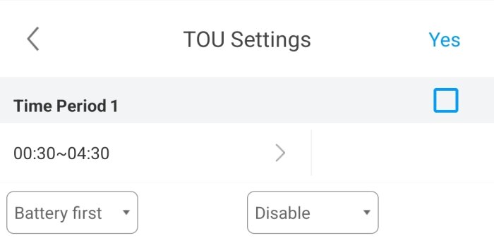 Inställningar för nattladdning i TOU-menyn med tider 00:30-04:30 och alternativ "Battery first" och "Disable" valda.