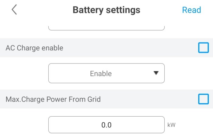 Inställningar för batteriladdning med alternativ för att aktivera AC-laddning och max laddkraft från nätet inställd på 0,0 kW.