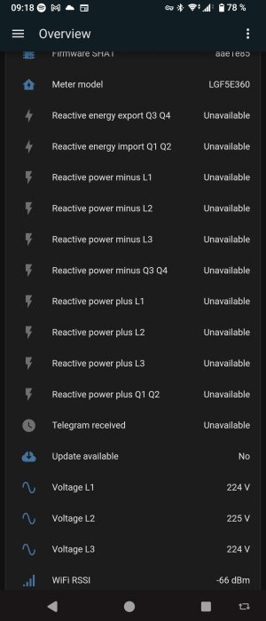 Skärmbild av en appöversikt med el- och nätverksinformation, såsom spänning (L1-L3) och WiFi-signalstyrka. Vissa mätvärden är "Unavailable".