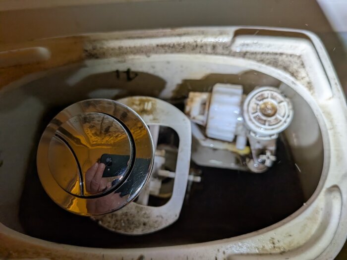 Öppen toalettcistern med synlig spolmekanism och en kromad knapp ovanpå locket, omgiven av lite smuts och rester.