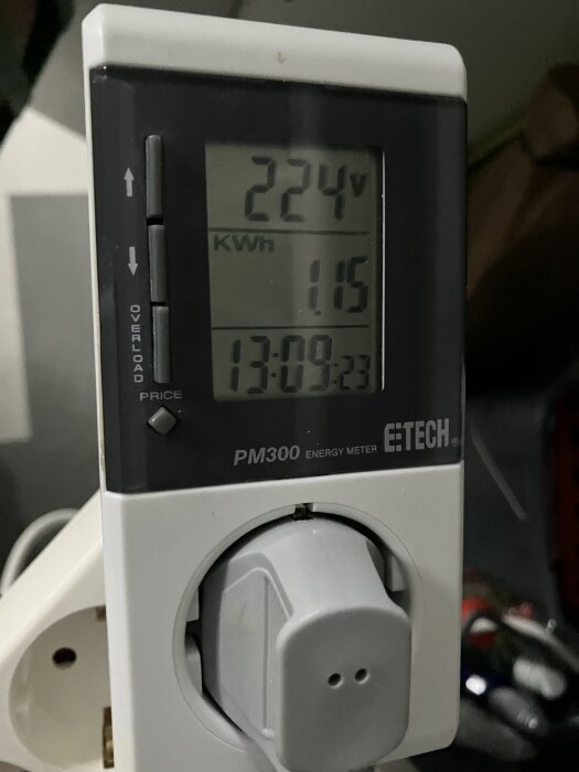Energimätare visar 224 volt och 1,15 kWh för att mäta diskmaskinens energiförbrukning i olika program.
