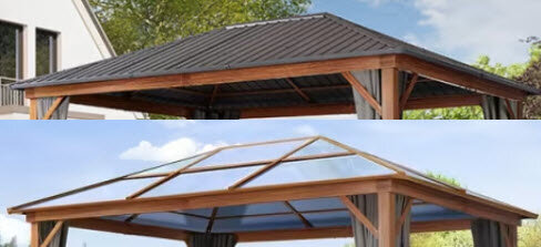 Över- och undersida av en träpaviljong med två olika tak; det ena i mörkt stål och det andra i transparent polykarbonat.