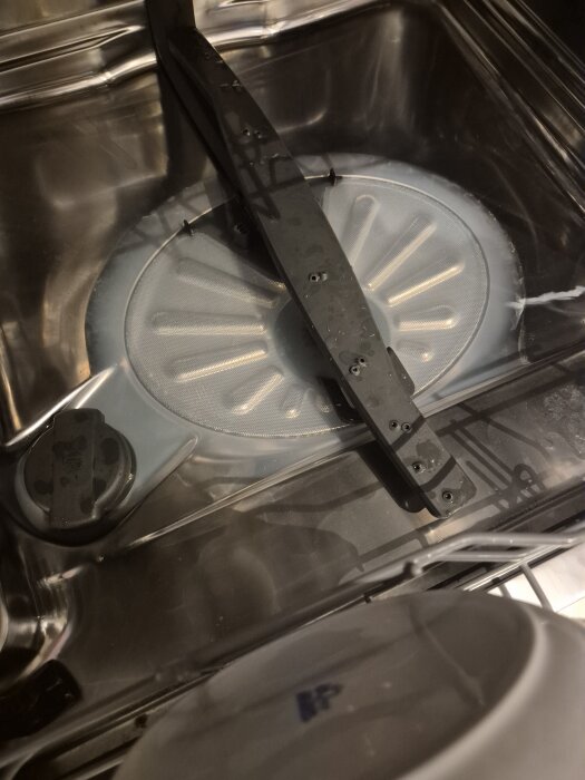 Insidan av en diskmaskin med synligt spolarm, filter och metallväggar.