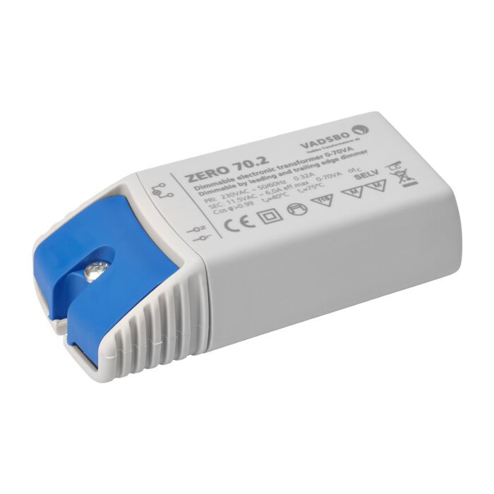 Dimbar elektronisk transformator Vadsbo Zero 70.2 för LED och halogen, med skrufäste och tekniska specifikationer tryckta på ytan.