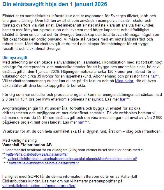 Informationstext om höjning av elnätsavgift från Vattenfall Eldistribution AB, börjar gälla 1 januari 2026, med detaljer om orsak och effekt.