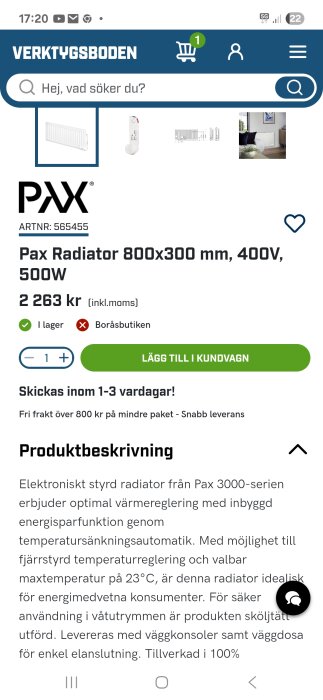 Produktbild av Pax Radiator, storlek 800x300 mm, effekt 500W, spänning 400V, med pris och produktbeskrivning på Verktygsboden hemsida.