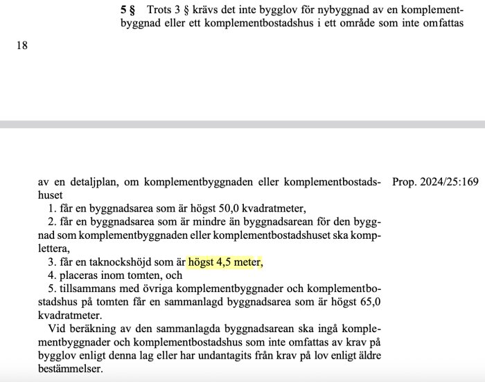 Dokument om bygglov och regler för nybyggnad av komplementbyggnader, takhöjd max 4,5 meter, byggnadsarea max 50,0 kvadratmeter.