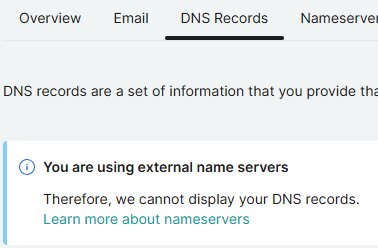 DNS Records-flik hos en domänregistrar visar att externa namnservrar används, vilket förhindrar visning av DNS-poster.