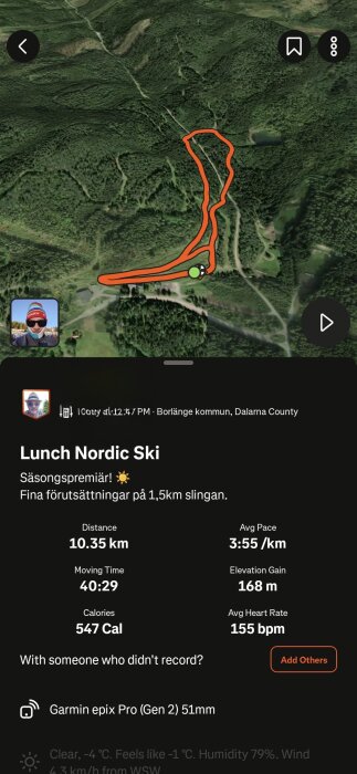 Satellitbild som visar en spårad skidtur på 10,35 km i Borlänge. Information om tid, kalorier och medelpuls visas i appen Garmin Epix Pro.