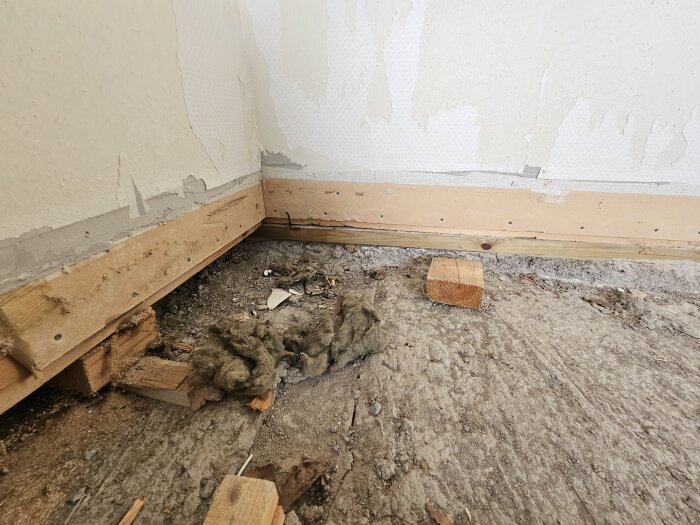 Rivet golv och vägg i sutteränghus med synliga gamla spikreglar, isolering och betonggolv, förberedelse för montering av nytt golv och syll.