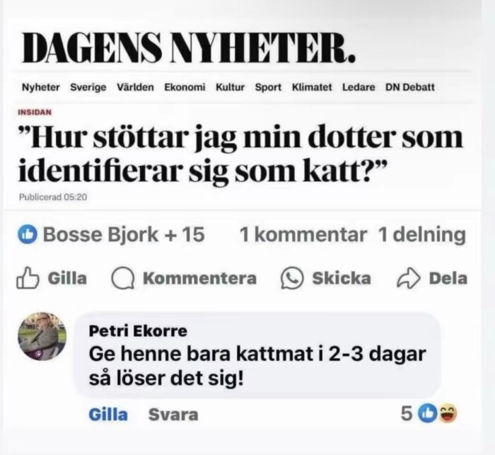 Tidningsrubrik om en dotter som identifierar sig som katt, följt av en humoristisk kommentar om att ge henne kattmat några dagar.