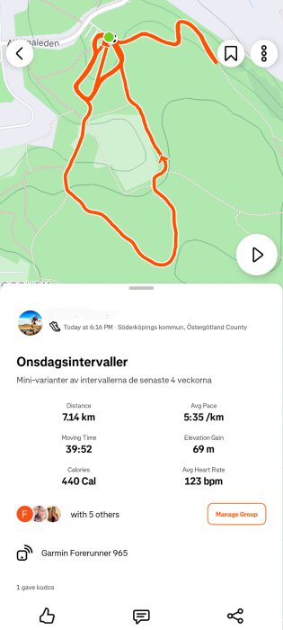 Karta över löprunda i Söderköpings kommun med statistik för onsdagsintervaller: 7,14 km på 39:52 min, 69 m stigning, 440 kalorier, 123 bpm medel. Garmin Forerunner 965.