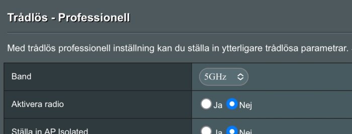 Inställningar för trådlöst nätverk med alternativ för att aktivera eller stänga av Wi-Fi-radio på 5 GHz-bandet.