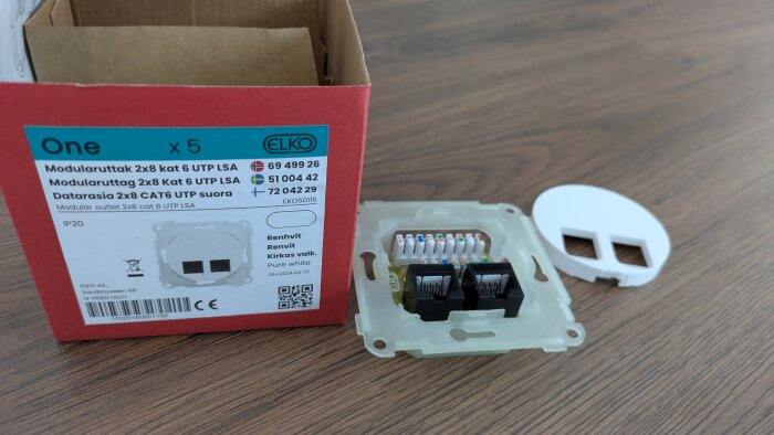 Modularuttagskit för nätverk med kablar, ett skydd och förpackning med produktinfo, märkt ELKO för installation i byggprojekt.