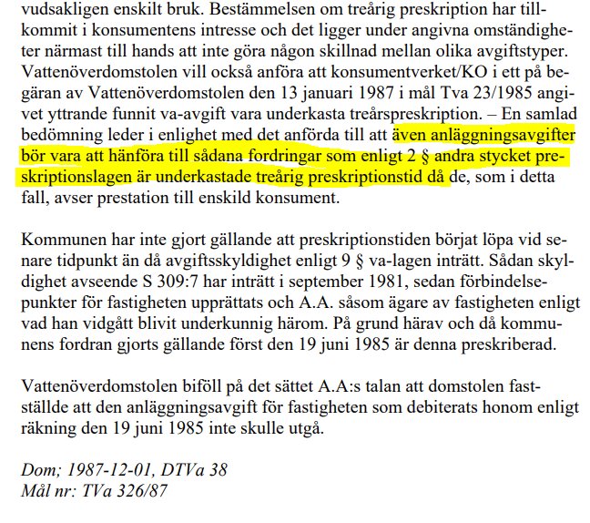 Gammalt rättsbeslut från Vattenöverdomstolen med markerad text om anläggningsavgifter och treårig preskriptionstid enligt äldre va-lag och preskriptionslag.