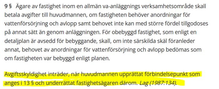 Text från lag om va-anläggnings avgiftsskyldighet med markerad text om huvudmannens ansvar att informera fastighetsägaren enligt 9 §.