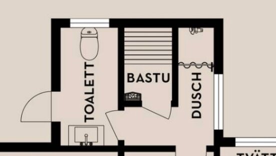 Planskiss över badrummet med toalett, bastu och dusch från ett 70-talshus.