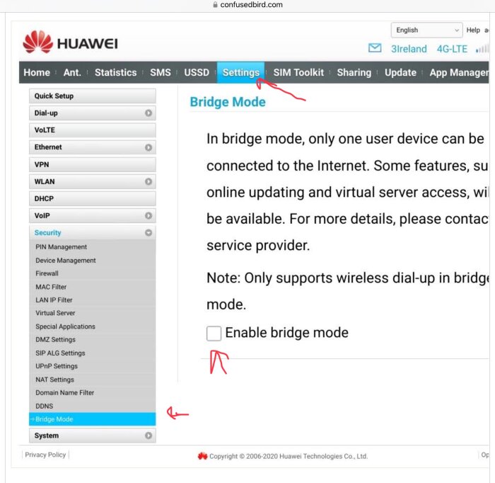 Routerinställningar visar Huawei Bridge Mode-aktivering med kryssruta och instruktioner om att ansluta en enhet till Internet i bryggläget.
