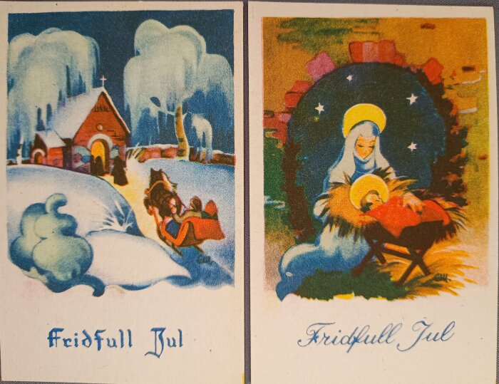 Två små finländska julkort från krigsåren. Vänster: vinterlandskap med kyrka. Höger: Jesu födelse med Maria och barnet under en stjärnhimmel.