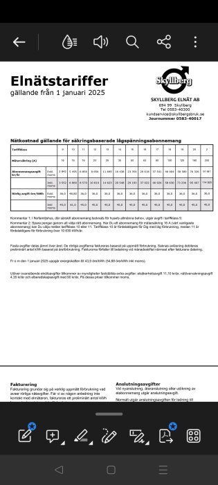 Skyllberg Elnät tarifflista för säkringsbaserade lågspänningsabonnemang, gällande från 1 januari 2025, med årliga kostnader och avgifter.