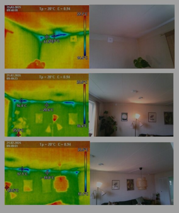 Värmekamera visar värmeläckage längs vägg och tak i vardagsrum; temperaturväxlingar synliga. Rummet har växter, lampor och tavlor.