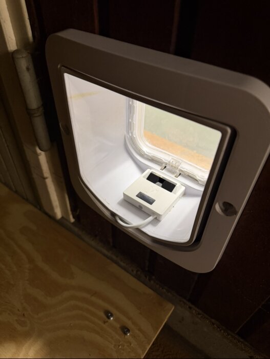 Kattlucka installerad i en dörr, visande en AI-modul som kontrollerar chipavläsningen, omgiven av träpanel och golv av plyfa.