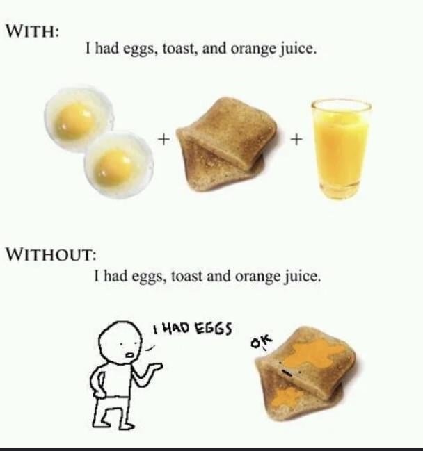 Illustration av skillnad i betydelse med och utan serie-komma; med: ägg, bröd, juice separat, utan: äggröra på bröd, juice.