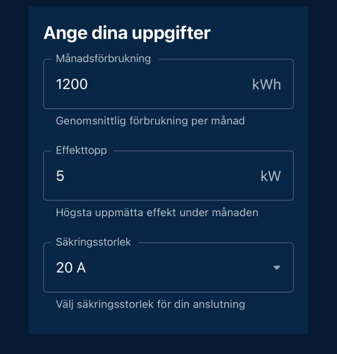 Formulär för att ange energiförbrukning: månadsförbrukning 1200 kWh, effekttopp 5 kW, säkringsstorlek 20 A.