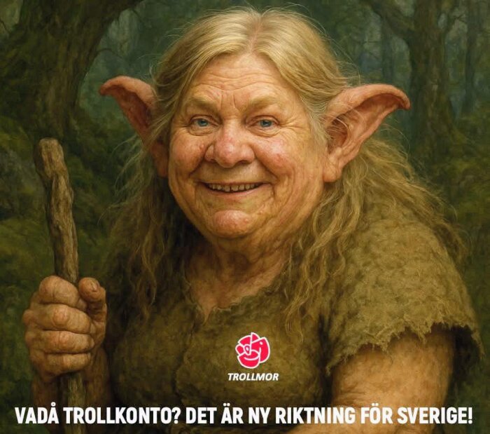 Gammal trollfigur med leende ansikte, stor näsa, spetsiga öron, klädd i grovt tygkläder och håller en trästav, med texten 'Vadå trollkonto? Det är ny riktning för Sverige!'