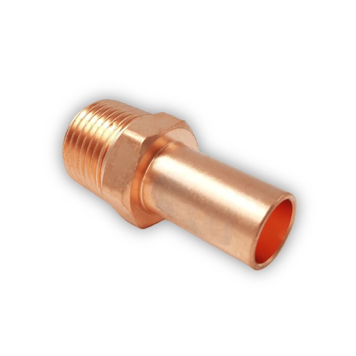 Kopparfärgad rörkoppling med kort gänga, diskuteras i forumtråd om fel och förslitning.