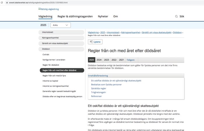 Webbsida från Skatteverket som beskriver regler för dödsbo från och med år efter dödsåret, med navigeringsmeny till vänster.