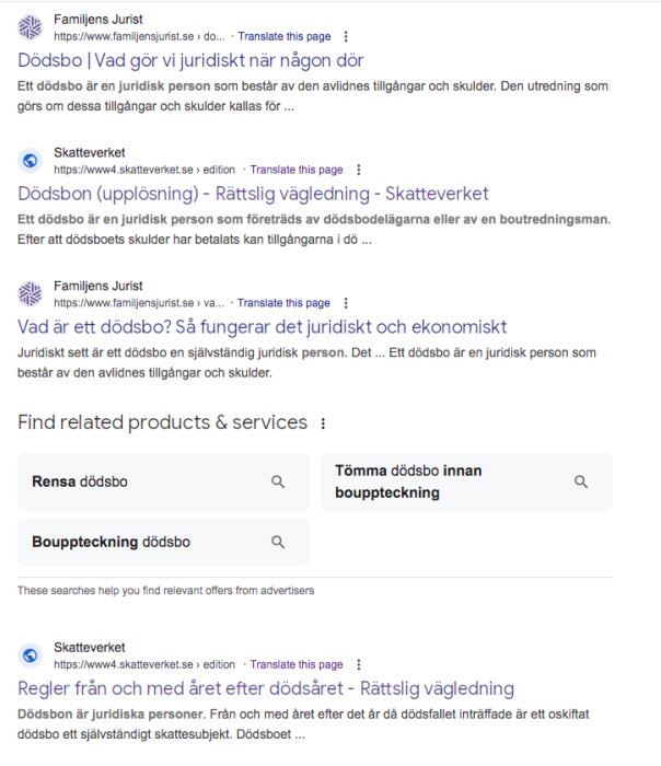 Sökresultat om dödsbo med länkar till juridiska webbplatser och Skatteverket, inkluderande tjänster för dödsbohantering och bouppteckning.