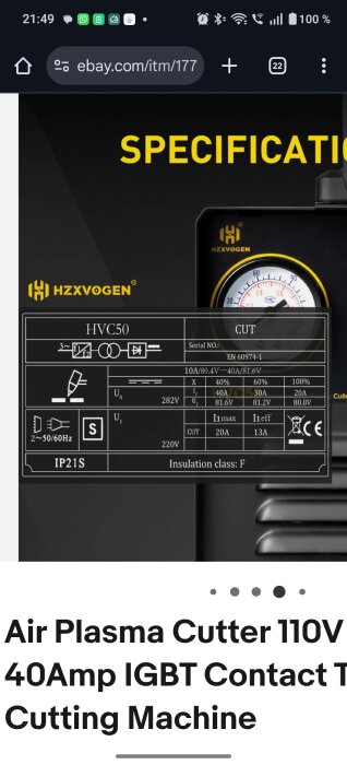 Bilden visar specifikationerna för en HZXVOGEN plasma skärare modell HVC50 med 40A och olika drifteffekter, fotograferad på en webbsida.