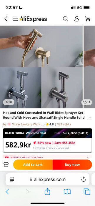 Bild på en väggmonterad bidéspruta i stål från AliExpress med handtag, kopplad till en slang. Produkten säljs till kampanjpris.