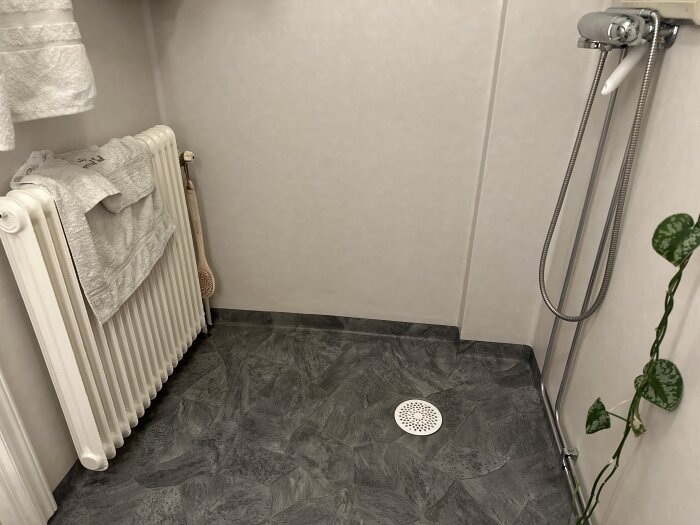 Duschhörna med duschslang, grått golv med brunn, vit handdukshängare och växt i hörnet.