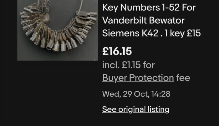 En uppsättning med 52 nycklar för Vanderbilt Bewator Siemens K42 visas med prisinformation.