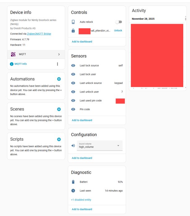Översikt av kontrollpanel för Zigbee-lås, visar enhetens status, sensorer, automationsmöjligheter, senaste aktivitetslogg och batterinivå.